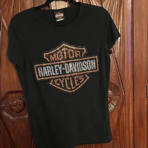 Harley-Davidson Black Tee with Orange and White Embellished Logo